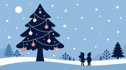 Fototapeta premium Children standing by decorated Christmas tree in snowy winter landscape 