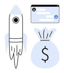 Rocket launching for progress, money bag symbolizing wealth, chat interface for collaboration. Ideal for financial success, innovation, startups, teamwork, investment, growth simple landing page