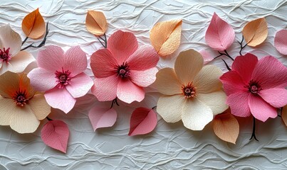Delicate paper flowers in varying shades of pink and peach