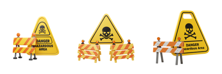 Danger restricted area warning sign with barricades on transparent background