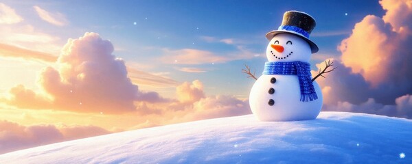 Charming snowman with a top hat and scarf, standing on a snow-covered hill against a colorful sunset, evoking warmth and joy in winter landscapes.