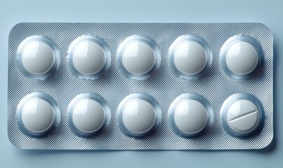 A blister pack of white pills on a light blue background