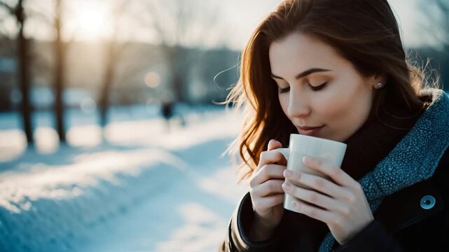 A person enjoying hot beverage in winter conditions