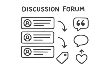 Doodled Forum Icons. Discussion forum: hand drawn doodles of user posts, reply arrows, quote icon, comment bubble, tag icon, and