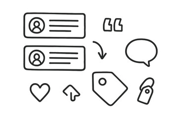Doodled Forum Icons. Discussion forum: hand drawn doodles of user posts, reply arrows, quote icon, comment bubble, tag icon, and