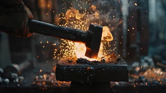 Person starts fire outdoors using a hammer and some flammable material