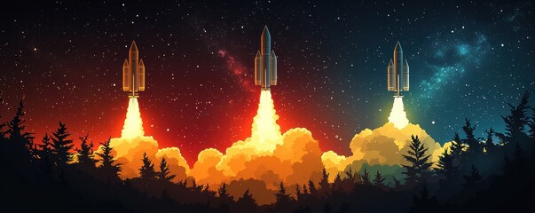 Naklejka premium Three rockets launch into a starry sky above a silhouetted forest