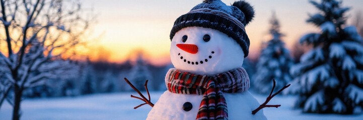 Charming snowman wearing a cozy scarf and hat, surrounded by a winter landscape of snow-covered trees at sunset. perfect for holiday and seasonal themes.