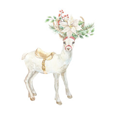 Christmas reindeer with a beautiful wreath of poinsettia flower, green spruce branches and eucalyptus. Hand drawn watercolor illustration. Rustic pastel New Year clip art for cards and banners.