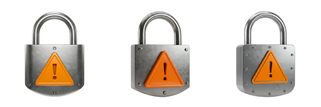 Security padlock with warning sign isolated on transparent background
