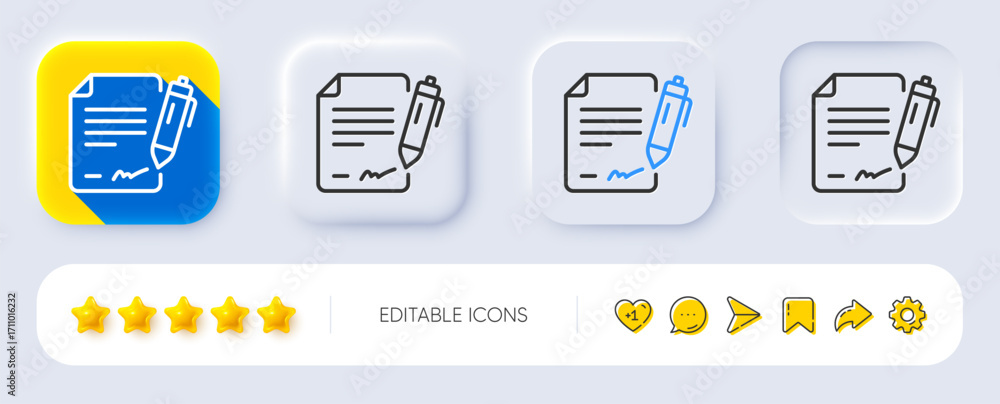 Aufkleber signing document line icon. neumorphic, flat shadow, 3d buttons. contract signature sign. agreement 