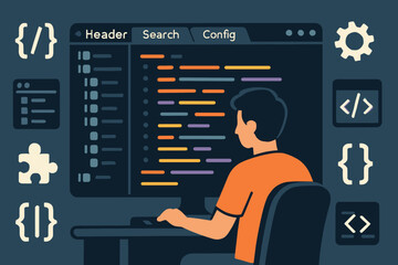 Dark Theme Coding. Stylized vector banner with programmer using dark theme editor and code environment icon set for tabs, syntax