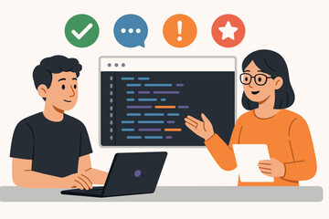 Code Review Essentials. Illustration showing programmer at code review meeting and review icon set for approval stamps, comments,