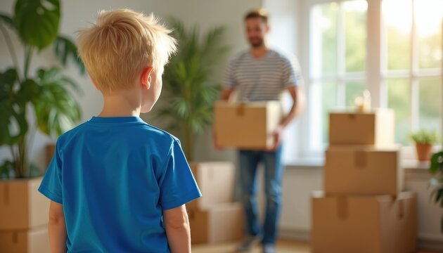 Young boy looks at dad holding cardboard box. Father carries boxes while moving home. Family relocation concept. Son watches dad at new apartment. Boxes stacked.
