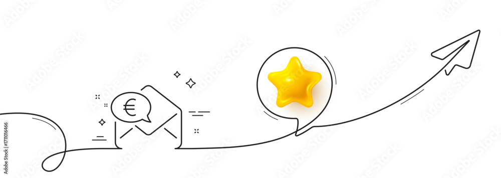 Poster euro via mail line icon. continuous line with share plane. send or receive money sign. 3d star in sp