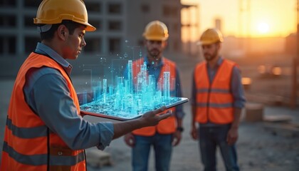Construction worker uses tablet showing holographic city model. Team plans building project on site. Future urban development, architects collaborate with tech.