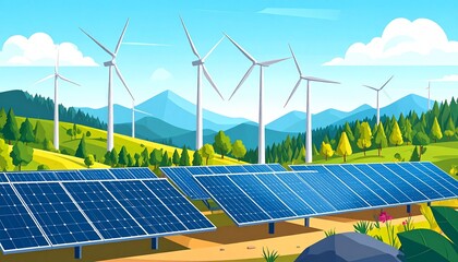 Digital illustration of renewable energy, futuristic wind turbines and solar panels, eco friendly landscape, clean technology, modern flat design, vector style