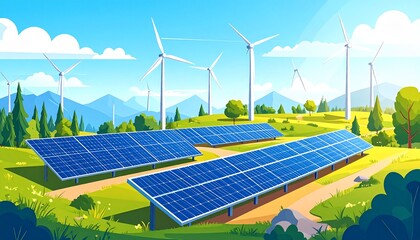 Digital illustration of renewable energy, futuristic wind turbines and solar panels, eco friendly landscape, clean technology, modern flat design, vector style