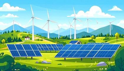 Digital illustration of renewable energy, futuristic wind turbines and solar panels, eco friendly landscape, clean technology, modern flat design, vector style