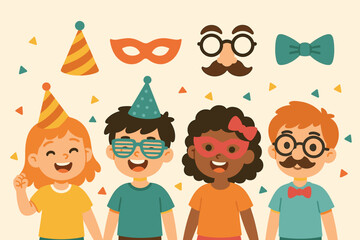 Kids in Party Hats. Scene banner with kids wearing party hats and accessories icon set for cone hat, mask, funny nose and bow tie.