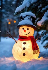 A cheerful snowman adorned with a top hat and scarf, glowing softly in a snowy winter landscape, capturing the essence of holiday spirit and joy.