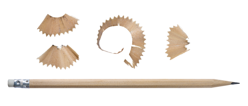 Close-up of wooden pencil with sharpened tip and shavings, isolated background