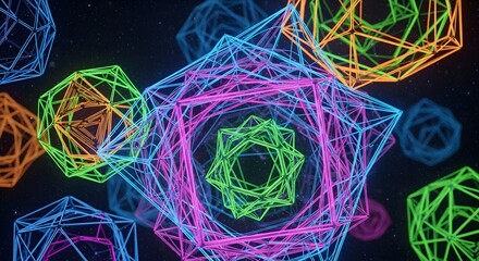 A vibrant digital artwork features colorful geometric wireframe shapes, including polygons and polyhedra, overlapping on a dark background, creating a dynamic, futuristic, and abstract visual effect.
