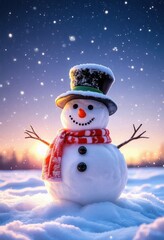 A cheerful snowman wearing a top hat and scarf stands in a snowy landscape, capturing the magic of winter amidst sparkling snowflakes.