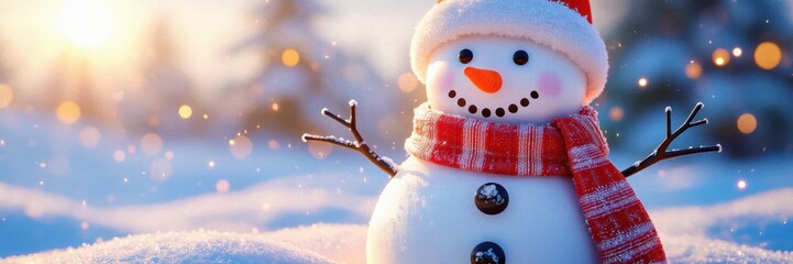 A cheerful snowman stands in a snowy landscape, adorned with a red scarf and a carrot nose, capturing the essence of winter and holiday joy.