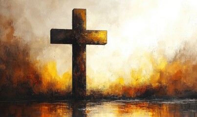 A large, dark cross stands amidst a fiery sunset reflecting on a still body of water
