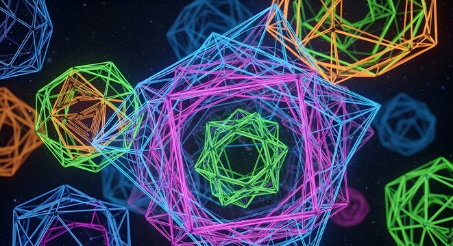 A vibrant digital artwork features colorful geometric wireframe shapes, including polygons and polyhedra, overlapping on a dark background, creating a dynamic, futuristic, and abstract visual effect.
