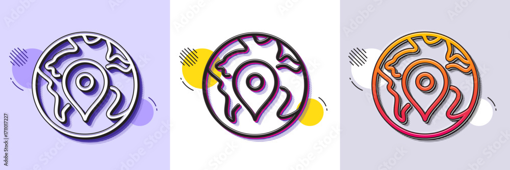 Poster map pin line icon. halftone dotted pattern. gradient icon with grain shadow. trip point sign. journe