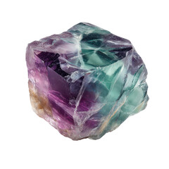 Fototapeta premium Close-up of a multicolored tumbled gemstone, likely a faceted tourmaline, displaying vibrant hues of purple, pink, and teal. Sharp, angular facets define its form