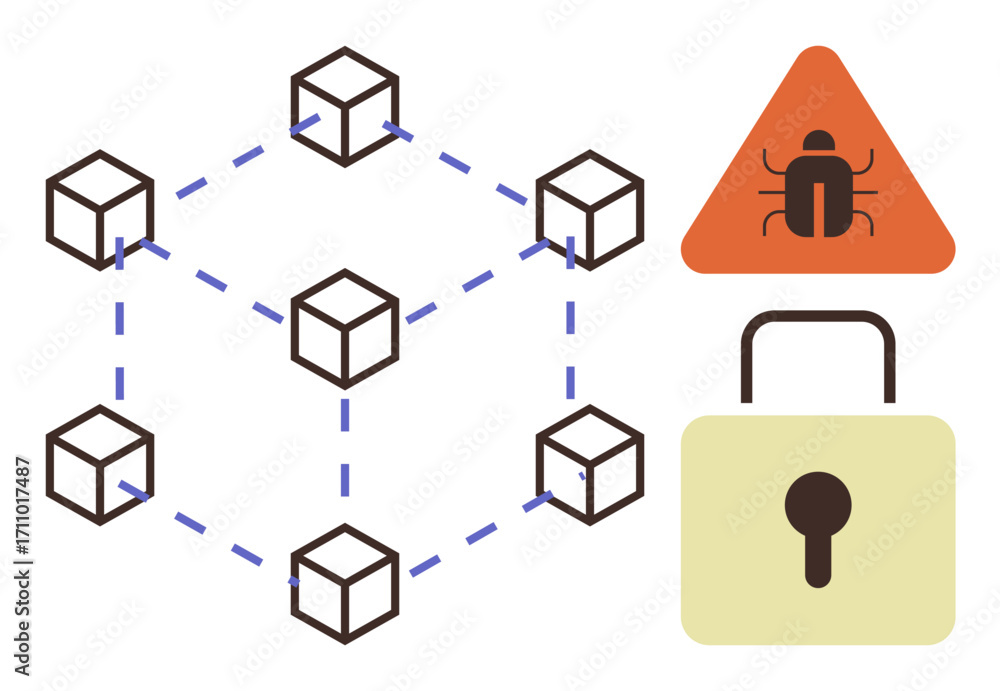 Aufkleber interconnected blocks in a network, warning triangle with bug icon, and padlock highlighting cyberse