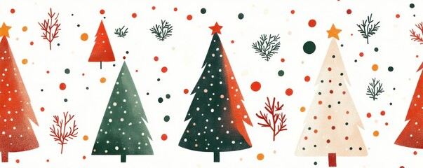 Retro Christmas pattern featuring geometric trees and festive colors in a whimsical design