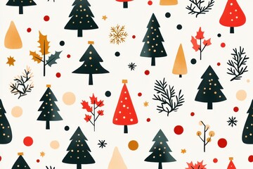 Charming retro Christmas pattern featuring stylized trees and decorative elements in festive colors