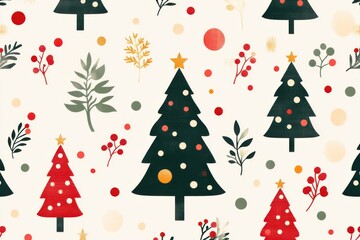 Retro Christmas pattern featuring stylized trees and festive elements, capturing a nostalgic holiday spirit with vintage-inspired decorations in red, green, and gold hues on a light background.