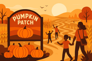 Fall Festival Excitement. Modern vector composition of fall landscape with pumpkin patch entrance sign, corn maze paths, and