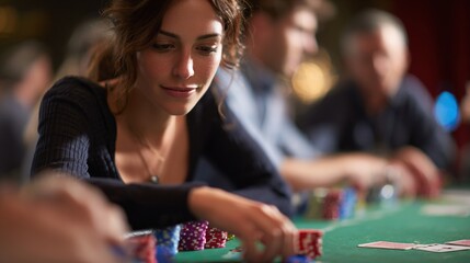 Woman plays poker at a casino table with other players.