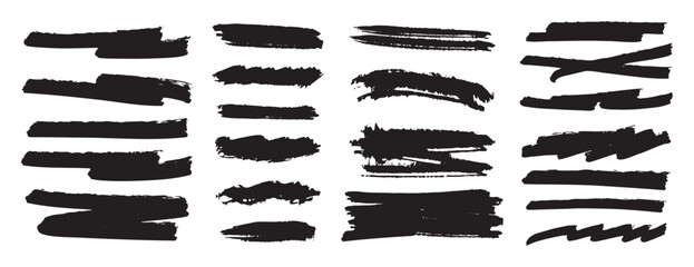 black paint ink brush strokes lines set. Underline dirty grunge bold design elements.
