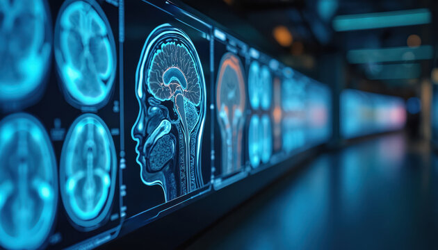 Human brain scans show on screens. X-ray research and science. Medical check up for disease. Analysis of head by innovative tech. Neurology investigation for dementia problem. Future medicine.