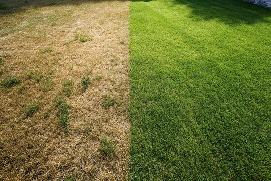 Lawn comparison: Lush green versus dry, brown, and withered grass.