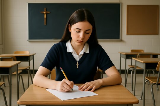 Focused Student Concentrating on Education and Academic Success in a Catholic School Setting, Ideal for Educational Materials and Back-to-School Campaigns