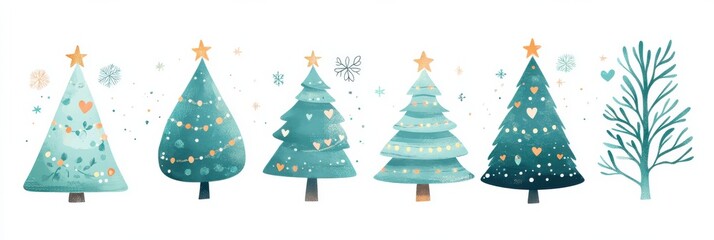 Various Christmas tree illustrations with stars and ornaments capturing festive spirit