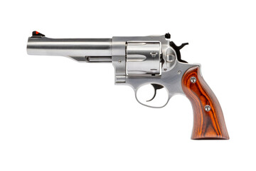 Steel Revolver Silver Handgun with Striped Wooden Handle on a transparent background
