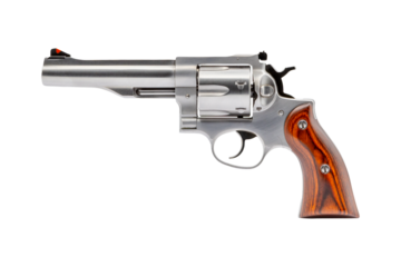 Steel Revolver Silver Handgun with Striped Wooden Handle on a transparent background