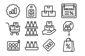 Bulk Purchase Icons. Line style icons of bulk purchase discounts: “buy more save more” badge, multi-pack tag, stacked boxes,