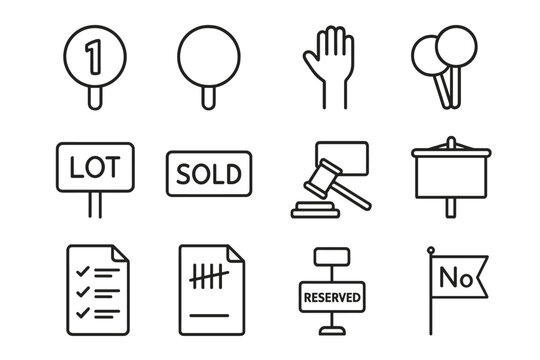 Auction Icons Set. Line style icons of auction paddles and signs: numbered paddle, blank circle sign, raised arm, stacked paddles;