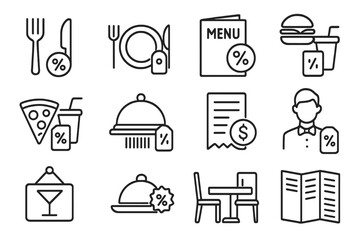 Restaurant Deals Icons. Line style icons of restaurant deals: fork and knife icon with percent, table setting with deal tag, menu