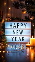 Joyful new year celebration scene with a lightbox displaying "happy new year," surrounded by twinkling lights, candles, and festive decorations.
